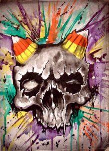 "Candy Corn Devil Skull" Watercolors on watercolor paper, 11"x15" 2014